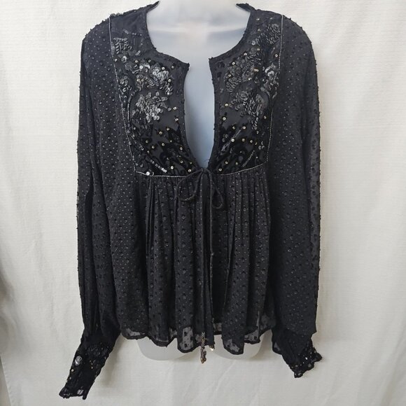 Womens Zara Sz Lg Black Sheer Sequin Blouse Tie Open Front Witchy Whimsigoth - Picture 1 of 12